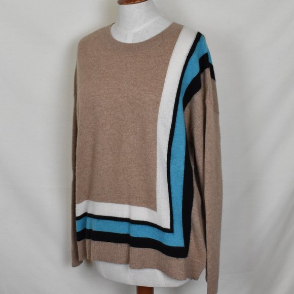 Charter Club Sweater M Cashmere Long Sleeve Crew Neck Tan Blue - Picture 2 of 6
